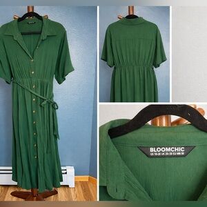 BloomChic Green Button Front Midi Dress Tie Waist Size 18 20